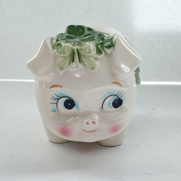 Vintage Lefton Ceramic Shamrock Piggy Bank Clovers Lucky - Picture 6 of 11